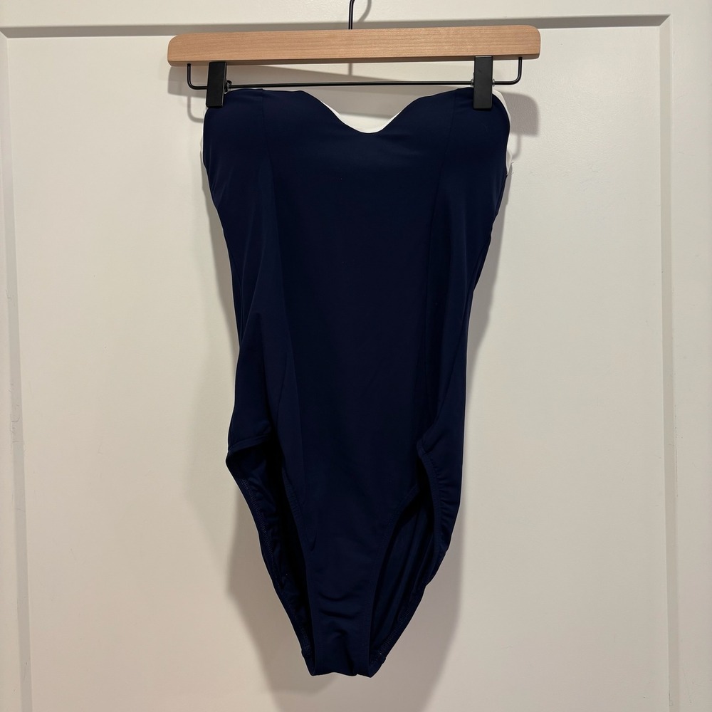 Tory Burch Navy Blue White Trim‎ Strapless Bandeau One Piece Swimsuit Small P S